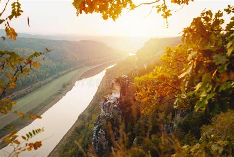 View From Viewpoint During Sunset Of Bastei In Saxon Switzerland Stock