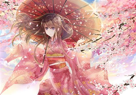 Hd Wallpaper Cherry Trees Umbrella Kimono Original Characters Pink