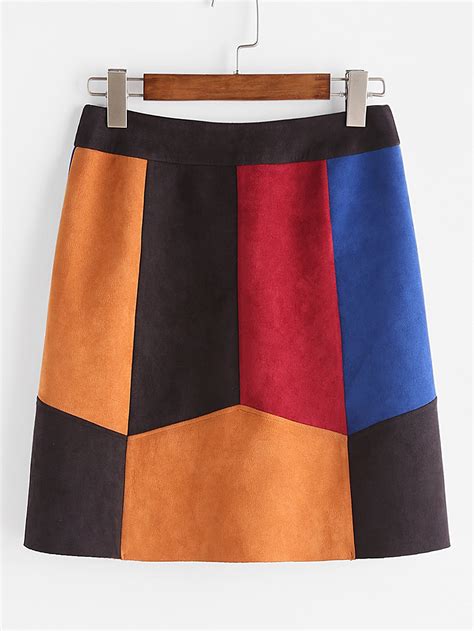 Color Block Cut And Sew Suede Paneled Skirt Sheinsheinside