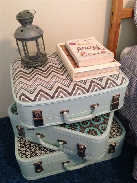 Three Old Suitcases Painted And Fabric Covered With Modge Podge