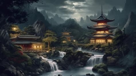 Premium Photo Fantasy Landscape With Japanese Pagoda And Waterfall