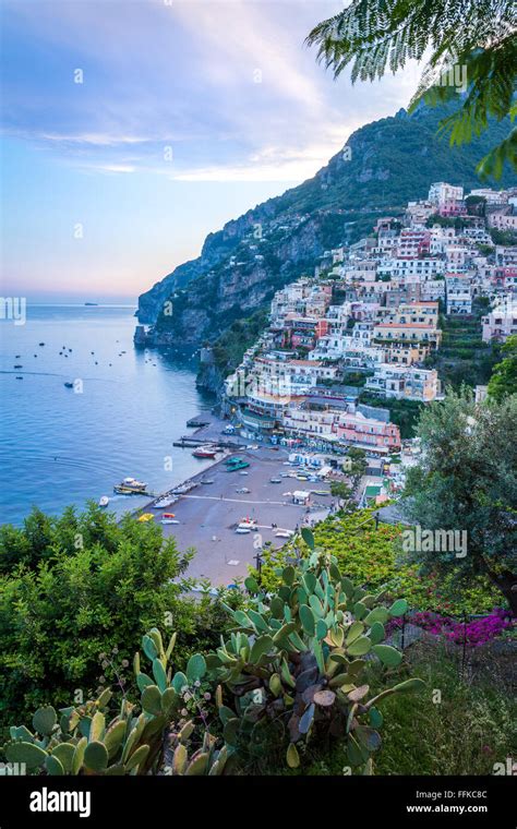 Positano At Sunset Amalfi Coast Campania Italy Stock Photo Alamy