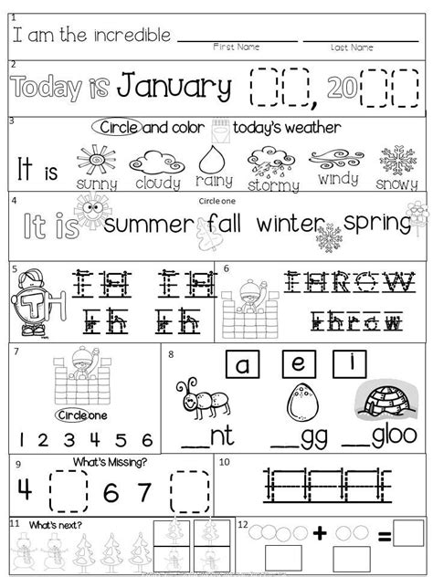 January Kindergarten Morning Work 21 Pages 21 Differentiated Pages