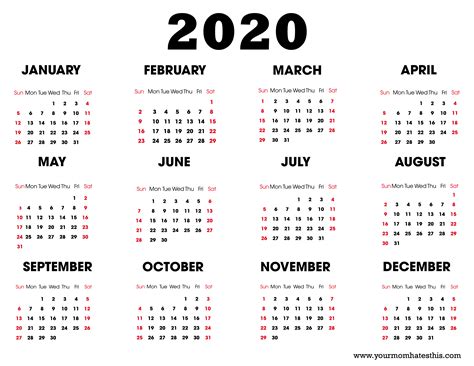 2020 Printable Calendar Download Free Blank Templates