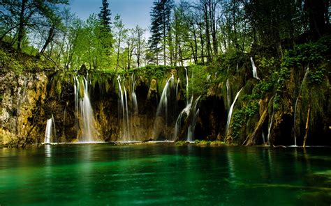 Body Of Water And Waterfalls Nature Landscape Waterfall Trees Hd