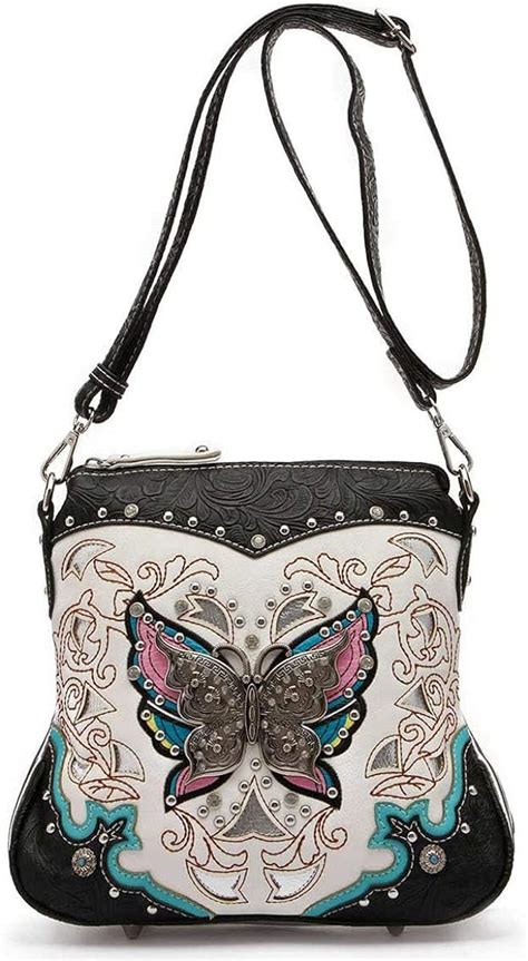Western Style Butterfly Tooled Leather Women Purse Cross Body Handbag