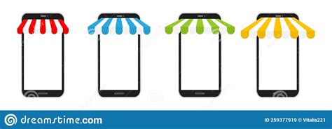 Smartphone Mockup With Colourful Store Awning Set Stock Illustration