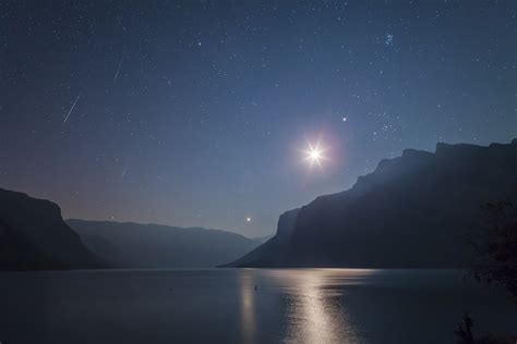 Perseid Meteors And Planets Over A Mountain Lake The