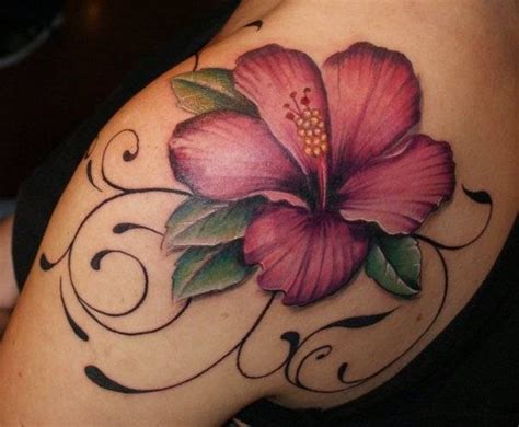 Maroon Hibiscus Flower Tattoo On Shoulder Blade