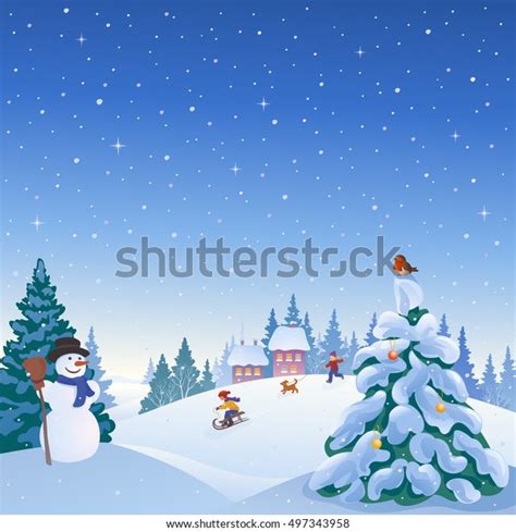 Vector Cartoon Illustration Of A Winter Snowy Village With A Snowman