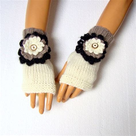 Handknit İvory Fingerless Gloves Knit İvory Mitten Winter Etsy