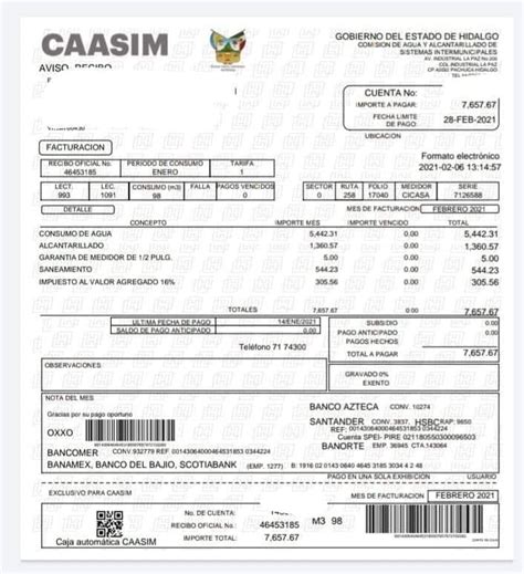 Recibo de agua CAASIM Hidalgo Reimpresión formas de pago y línea de