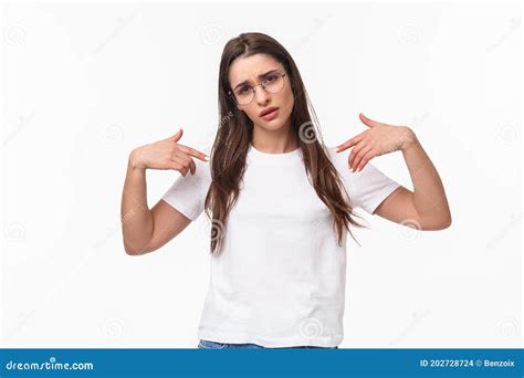 Portrait Of Boastful Cool Sassy Brunette Girl In Glasses Pointing At Herself With Arrogant