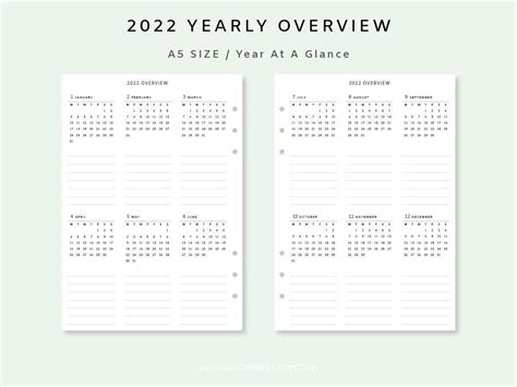 Yearly Overview Printable 2022 Yearly Planner Inserts Future Log
