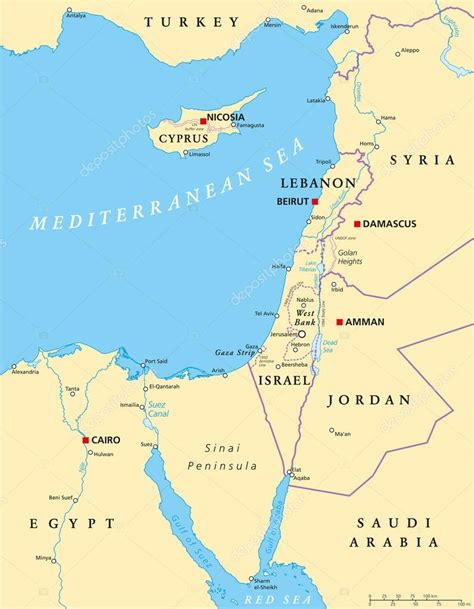 Sayfa süveyş kanalı açılmadan önce süveyş berzahı, eski dünyanın ortasında asya ve afrika kıtalarını birbirine bağlıyan, fakat kızıl denizle akdenizi, dolayısiyle hind ve atlas okyanuslarını. Doğu Akdeniz siyasi harita — Stok Vektör © Furian #72165597