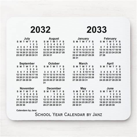 2032 2033 White School Year Calendar By Janz Mouse Pad Zazzle