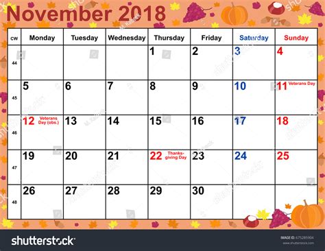 Calendar 2018 Month November Public Holidays Stock Vector 675285904
