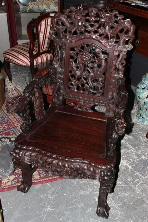~ Set Of Three Chinese Carved Rosewood Dragon Chairs ~ Liveauctioneers