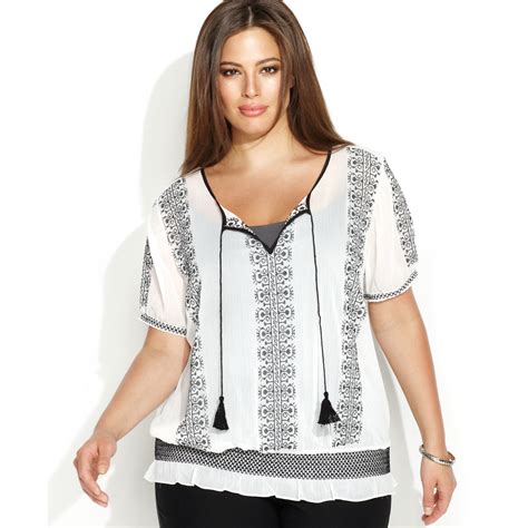 Inc International Concepts Plus Size Embroidered Peasant Top In White