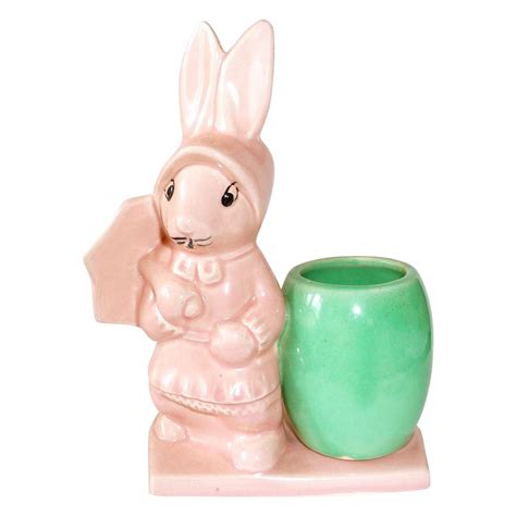 Ceramic Pink Bunny Planter~rabbit W Umbrella And Jardiniere From