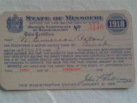 Check spelling or type a new query. RARE 1918 STATE OF MISSOURI MOTOR VEHICLE CAR REGISTRATION