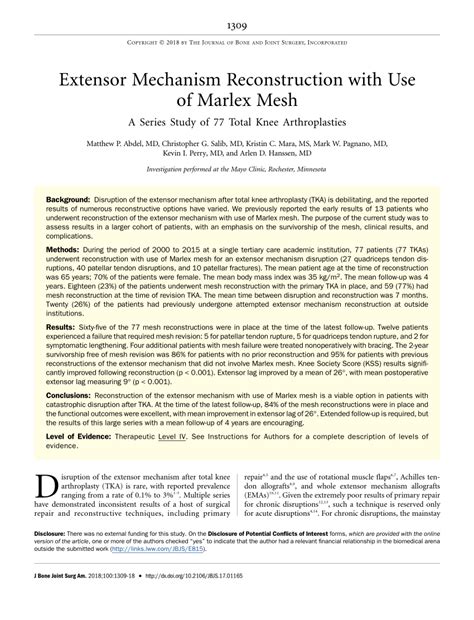 Pdf Extensor Mechanism Reconstruction With Use Of Marlex Mesh A
