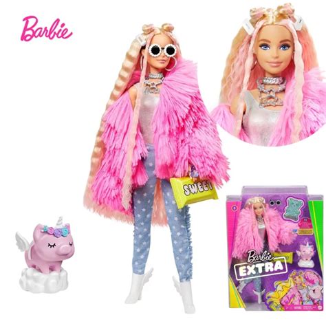 Barbie Extra Doll Pink Fluffy Coat Crimped Hair And Unicorn Pig With