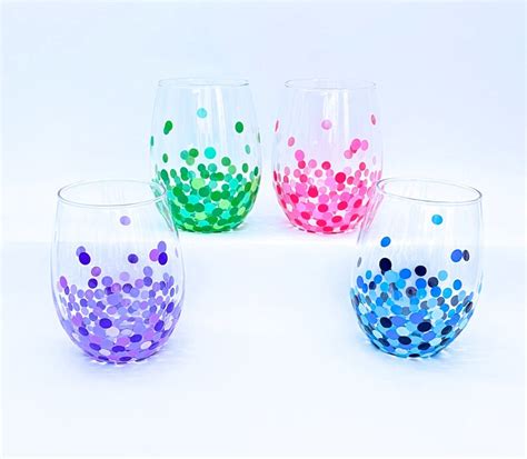 Set Of 4 Custom Dot Painted Stemless Wine Glasses Etsy