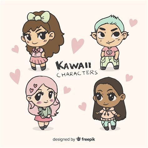 Hand Drawn Kawaii Characters Collection Free Vector