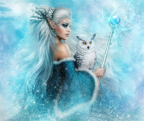 Fantasy Elf Fantasy Woman Girl White Hair Blue Eyes Owl Staff White Blue Snowy Owl Winter Snow