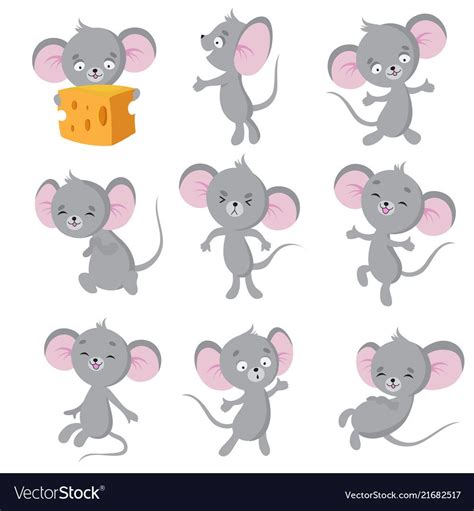 Cartoon Mouse Gray Mice In Different Poses Cute Wild Rat Animal