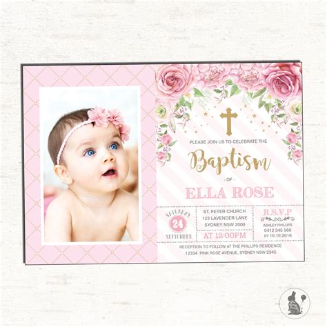 Girl Baptism Invitation Pink Gold Christening Printable