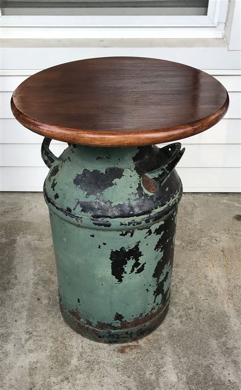 Old Milk Can With Stained Wooden Top To Make A Side Table Milk Can