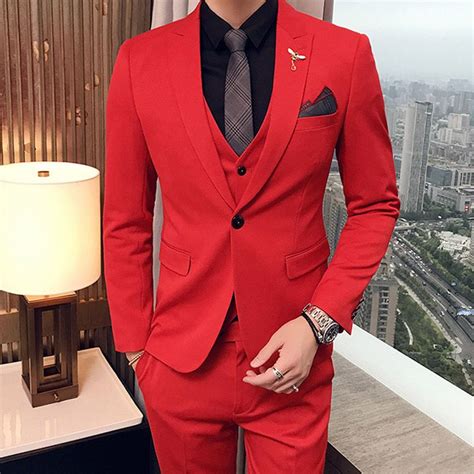 Three Piece Red Evening Party Men Suits 2018 Peaked Lapel Trim Fit