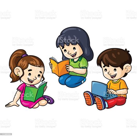 Ilustración De Dibujos Animados Para Niños Leyendo Libros Y Portátil Y