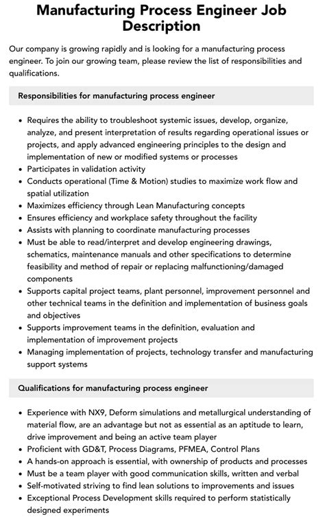 Manufacturing Process Engineer Job Description Velvet Jobs