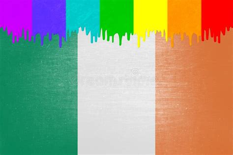 Paint Rainbow Flag Is Dripping Over The National Flag Of Ireland Stock