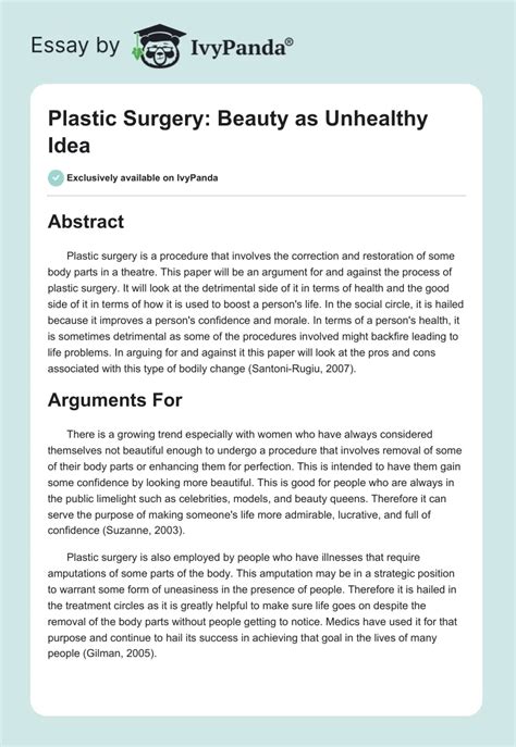 Plastic Surgery Beauty As Unhealthy Idea 669 Words Essay Example
