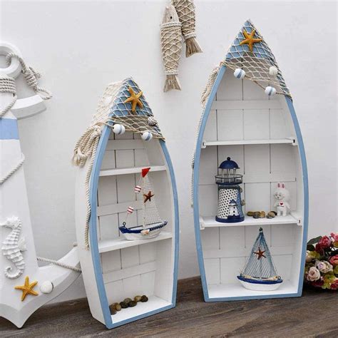 Attraction Design Wooden Boat Shelf Set Of 2 Beach Theme Standing