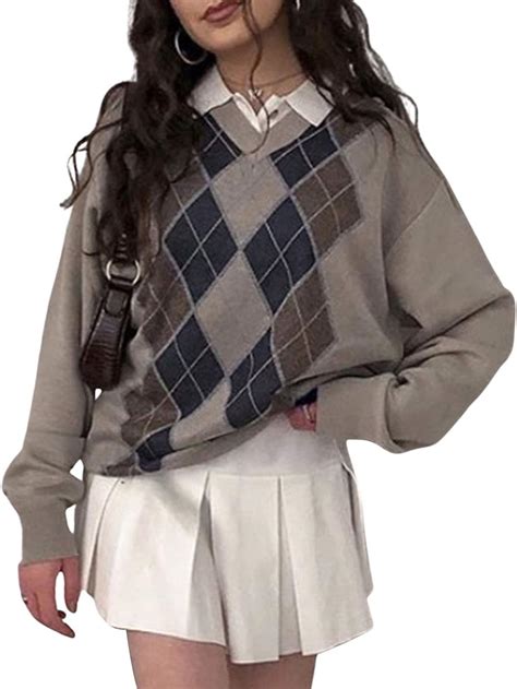 Women Y2k Argyle Knit Pullover Sweater Tops Oversized Long Sleeve V