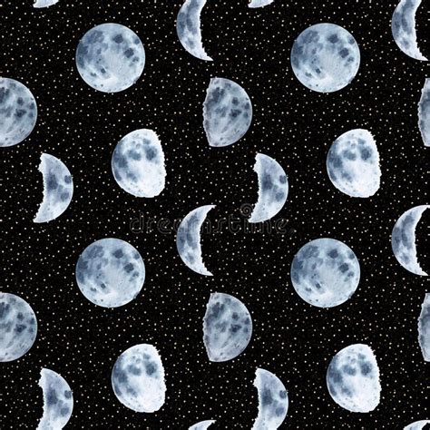 Watercolor Hand Drawn Moon Phases Seamless Pattern Isolated On Black