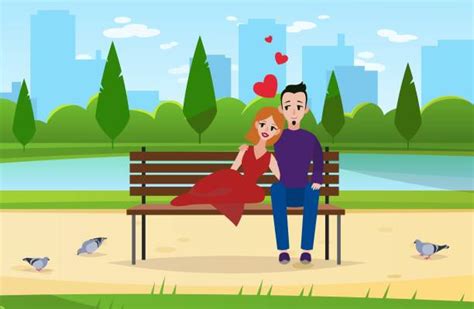 Silhouette Of Romantic Couple Sitting Park Bench Together Illustrations