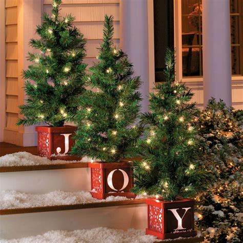 Pre Lit Joy Indooroutdoor Christmas Trees Set Of 3 Outdoor Christmas