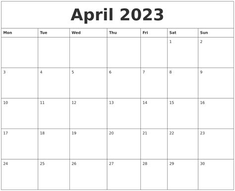 April 2023 Calendar Layout