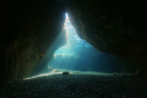 Cave Underwater Natural Sunbeams Mediterranean Sea Stock