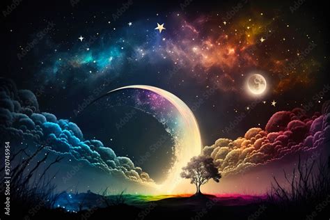 Magical Night Background With Full Moon Beautiful Rainbow At Starry