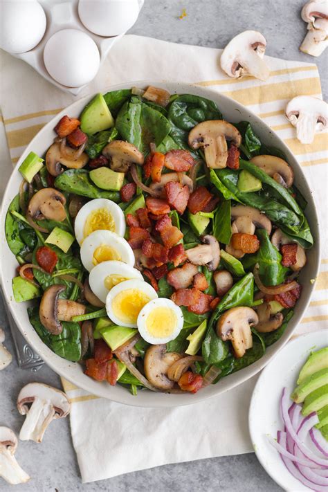 Warm Spinach Salad With Mushrooms Avocado And Bacon Mustard Dressing