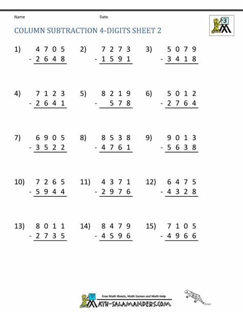 4 Digit Subtraction Worksheets