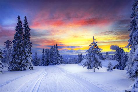 Sunset Over Winter Landscape Hd Wallpaper Background