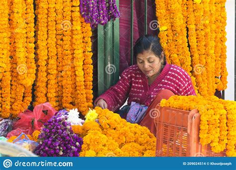 Local Woman Selling Marigold Flowers Sayapatri During Tihar Kathmandu